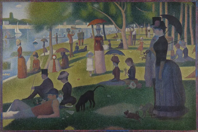 Georges Seurat，《大碗島的星期日下午 — 1884》：巴黎人在河畔公園悠閒消遣，以細小色點繪成