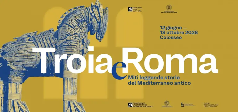 Promotional image for Troia and Roma exhibition at the Colosseum, 2026