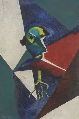Untitled (1939) by Ruth Grünfeld-Eisner: a cubist-style green face with a yellow root-like form against blue, red and white planes