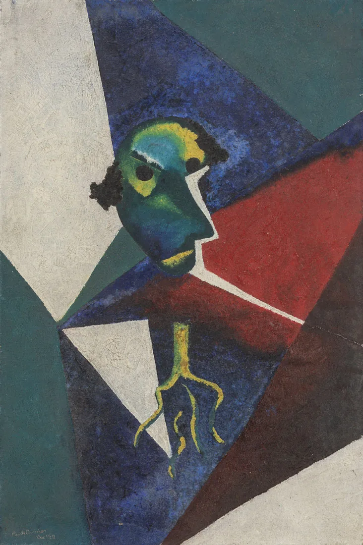 Untitled (1939) by Ruth Grünfeld-Eisner: a cubist-style green face with a yellow root-like form against blue, red and white planes