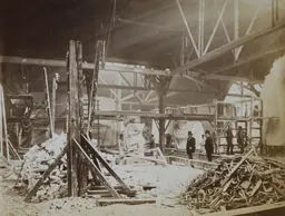 19th-century archive photograph of the Gaget workshop in Paris where the Statue of Liberty was built, with plaster models and scaffolding