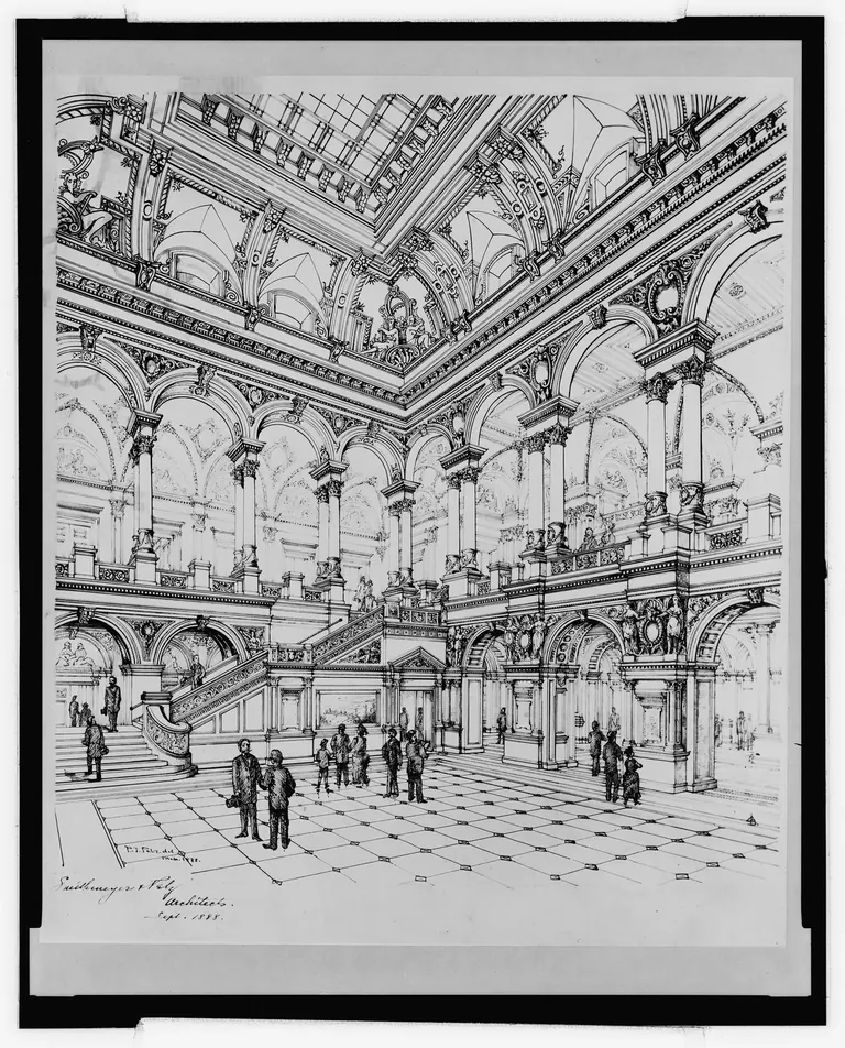 The Great Hall of the Library of Congress, looking up through the marble arcades and gilded ceiling of the Thomas Jefferson Building