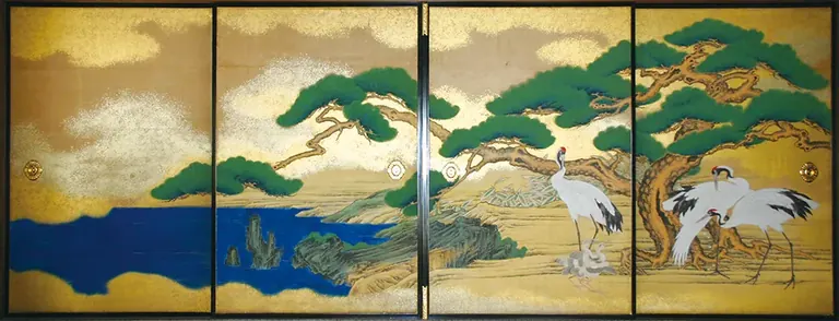 Shokaku-zu, peinture sur portes coulissantes représentant des pins et des grues, de Kano Eigaku, Otsune-goten, palais Honmaru-goten
