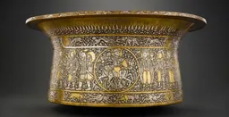 A gold basin inlaid with delicate and detailed silver designs of humans and animals surrounded by vines.