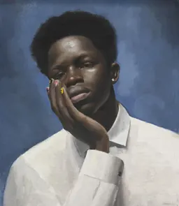 Retrato pintado de un joven negro de medio cuerpo, con la barbilla apoyada en una mano y la mirada dirigida al espectador, sobre un fondo azul.