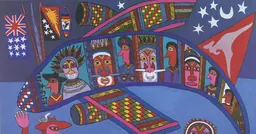 Peinture de Mathias Kauage représentant un avion de Qantas rempli de voyageurs, avec la reine Elizabeth II et des drapeaux