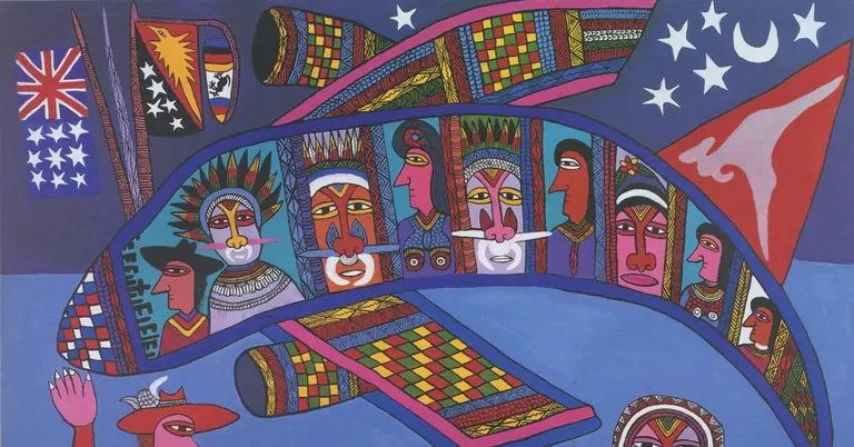 Peinture de Mathias Kauage représentant un avion de Qantas rempli de voyageurs, avec la reine Elizabeth II et des drapeaux