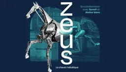 Zeus, the metallic horse sculpture from the 2024 Paris Olympics opening ceremony, on display at the Musée des Arts et Métiers