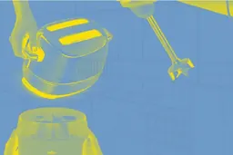 Kitchen appliances over a line drawing of a fitted kitchen, poster image for La Cuina de Frankfurt