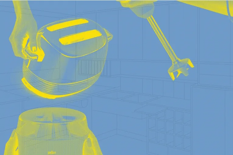 Kitchen appliances over a line drawing of a fitted kitchen, poster image for La Cuina de Frankfurt