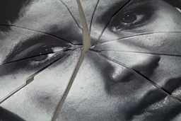 A detail shot of a black-and-white image of a person's face printed on plexiglas that has been shattered in the center.