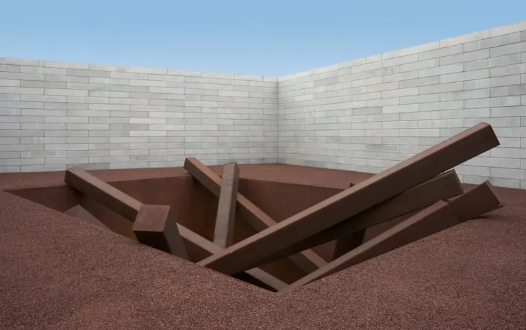 Michael Heizer, Collapse, 1967/2016, weathering-steel beams in Room 5 of the Pavilions at Glenstone
