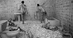 Sandy Skoglund, Fragile Steps (Walking on Eggshells), 1997 : le sol d’une salle de bains recouvert d’œufs