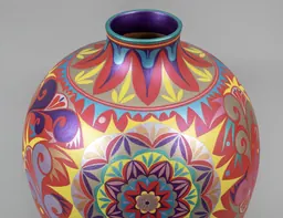 A round ceramic vase with a short neck decorated with intricate geometric and floral patterns painted in red, pink, blue, yellow, and purple.