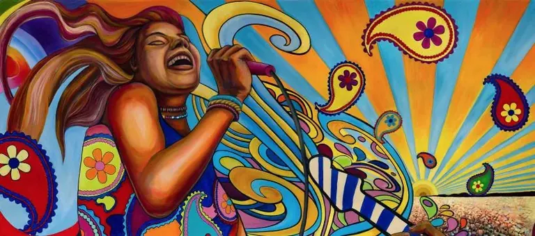 Détail de la fresque Great Wall of Los Angeles de Judy Baca, représentant une femme qui chante au milieu de couleurs tourbillonnantes