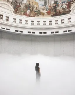 Fujiko Nakaya fog sculpture filling the domed Rotunda of the Bourse de Commerce with mist