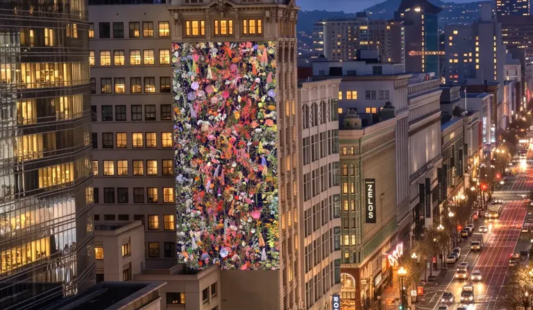 Vue d’artiste de la projection florale de Jennifer Steinkamp sur la façade du Humboldt Bank Building
