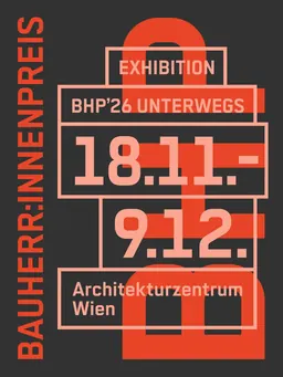 تصميم بصري لمعرض جائزة Client Award لعام 2026 (Bauherr*innenpreis): حروف حمراء على خلفية داكنة
