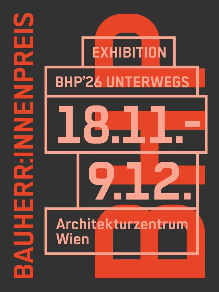 تصميم بصري لمعرض جائزة Client Award لعام 2026 (Bauherr*innenpreis): حروف حمراء على خلفية داكنة