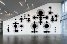 Installation view of Caroline Monnet: Man-made Land on the Fineberg Art Wall at the ICA Boston