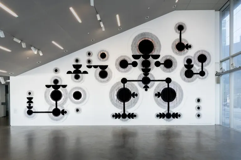 Installation view of Caroline Monnet: Man-made Land on the Fineberg Art Wall at the ICA Boston