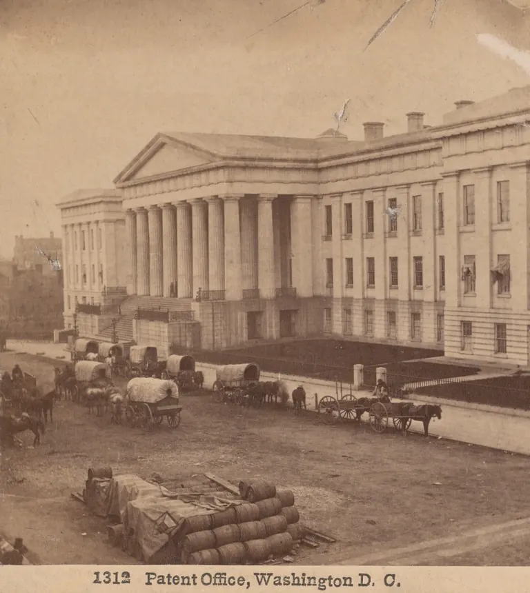 Early photograph of the neoclassical Patent Office Building used as the exhibition's key image