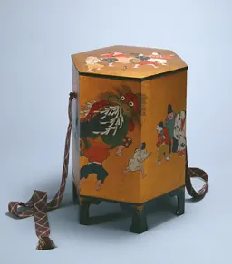 Kamisaka Sekka, capsa ornamental amb dibuixos lacats de persones que duen a terme una cerimònia, període Taisho
