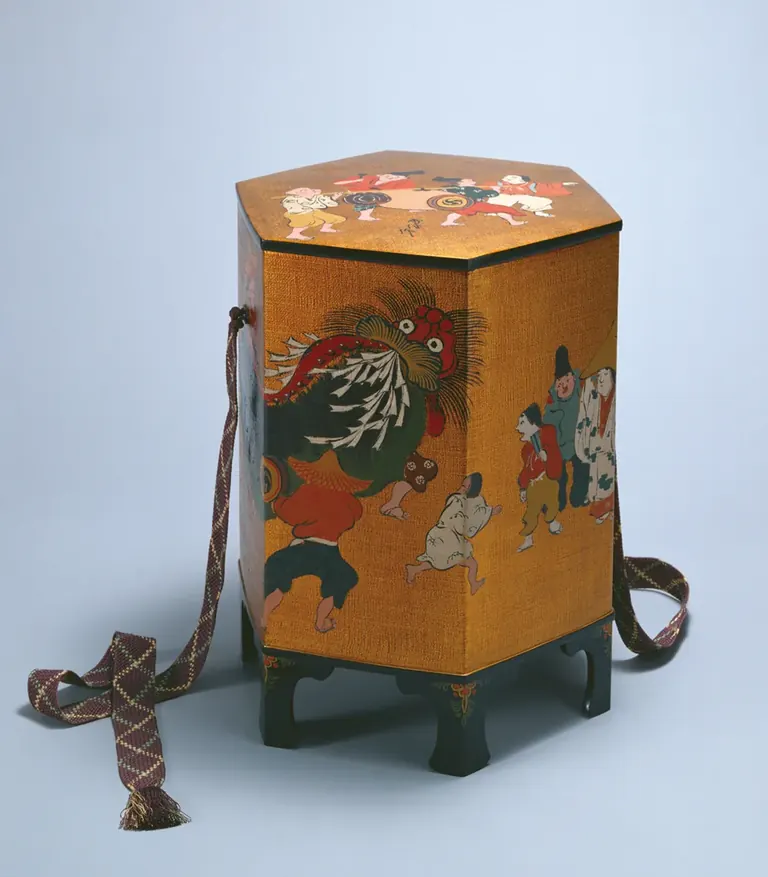 Kamisaka Sekka, Boîte décorative ornée de dessins laqués représentant des hommes accomplissant une cérémonie, époque Taishō