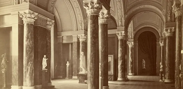 View into the columned hall of the National Gallery, 1879