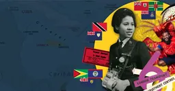 Montaje de mapas, banderas y personas del Caribe