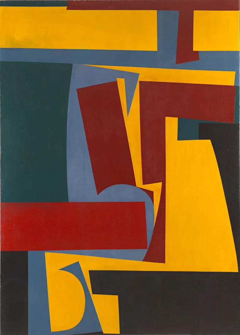 Recarte by Mavis Pusey, an oil painting of red, green, yellow, blue and black geometric forms, shown in Revelation
