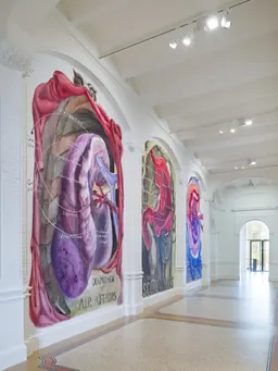 Installation view of Kexin Hao's Post/No/Bills #7 anatomical drawings in the Stedelijk corridor