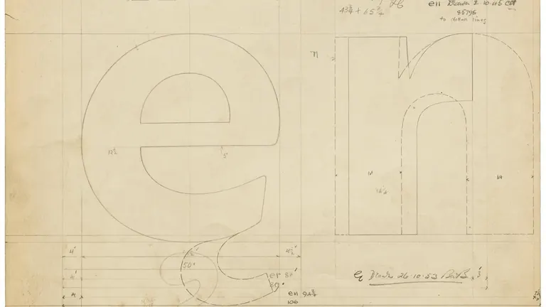Dibujo maestro de Linotype de una letra, con anotaciones a lápiz