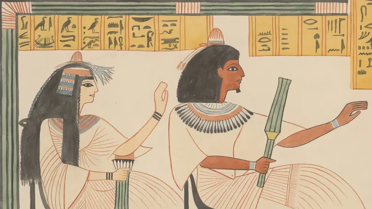 Aquarelle représentant une scène dans un tombeau de l’Égypte antique à Dra Abu el-Naga