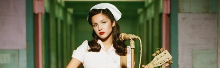 Olivia Rodrigo, vêtue d’une robe et d’une coiffe de style infirmière vintage, tient une guitare près d’un microphone dans un couloir vert