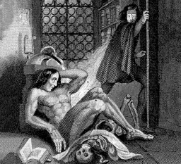 Eau-forte en noir et blanc représentant une silhouette en cape qui s’échappe par une porte, tandis qu’une silhouette dénudée est assise au sol près d’un livre ouvert et d’un squelette