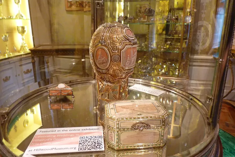 The pink Catherine the Great Easter Egg by Faberge, on display at Hillwood