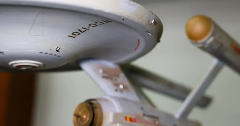 The restored original 33-inch model of the Starship Enterprise on display