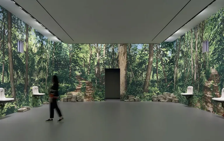 Robert Gober's immersive installation Untitled, with forest mural and wall-mounted sinks, in Room 4 of the Pavilions at Glenstone