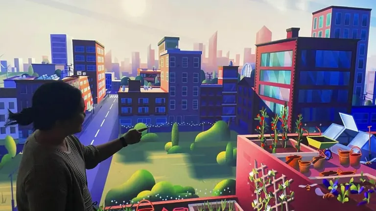 A guest exploring a virtual city in the Innovation: Earth exhibit