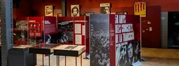 Panels and concert posters of Raimon, Lluís Llach and Pi de la Serra in the exhibition 50 anys dels concerts de la Transició