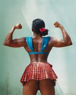 Bhumika, 2024 : une femme en robe verte sans manches, qui contracte le bras en plein air parmi des palmiers au Kerala, par Keerthana Kunnath