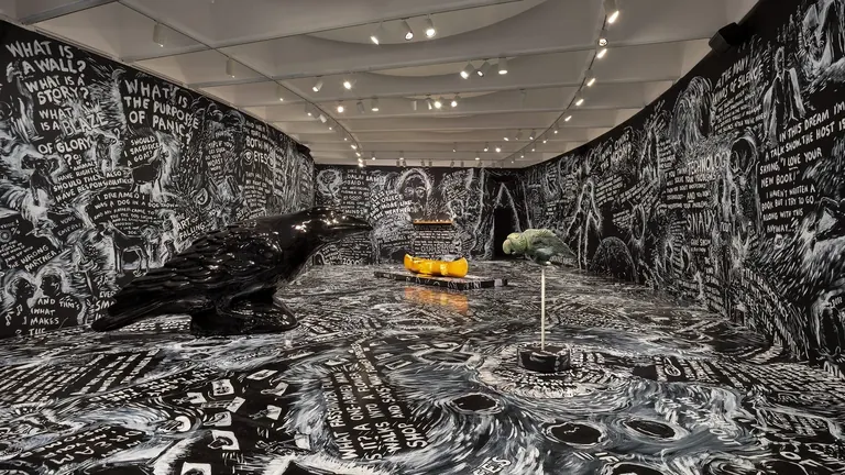 Laurie Anderson's Four Talks, a hand-painted room-scale installation with sculptures at the Hirshhorn