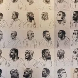 Installation Pyrrhic Defeat von Mark Loughney im Eastern State Penitentiary; ein Raster handgezeichneter Porträts von den Schultern aufwärts in verschiedenen Frontal- und Profilansichten.
