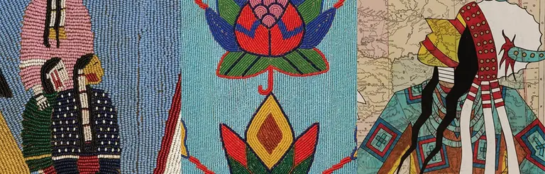 Triptyque d’œuvres amérindiennes : des personnages perlés, un panneau floral brodé de perles et un dessin de personnage sur une carte, dans le style des livres de comptes