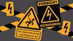 لافتات صفراء تحذّر من الجهد الكهربائي العالي، وهي الصورة البصرية الرئيسية لمعرض Vorsicht Hochspannung