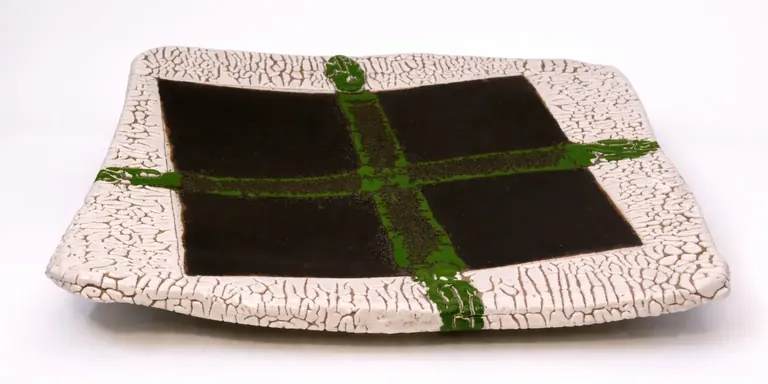 Lex Dickson, Large Square Platter, 2000, stoneware clay with Shino and Tenmoku glazes