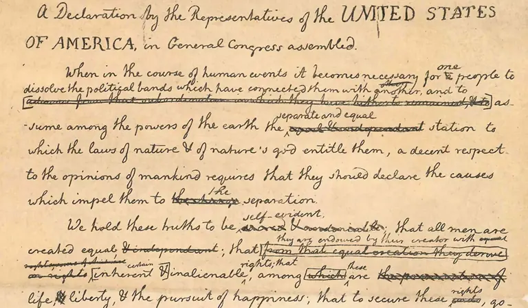 Projet de reproduction de la Déclaration d’indépendance, avec des corrections manuscrites, exposé