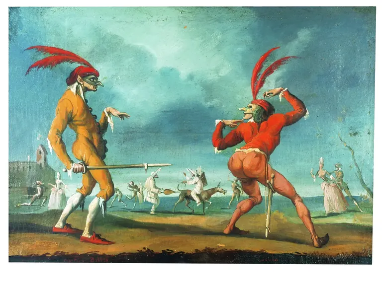 Anonyme, Capitan Babbeo et Cucuba, scène de la commedia dell’arte