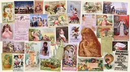 Un collage façon album, composé de documents éphémères du commerce médical, mettant en valeur des illustrations colorées de publicités médicales